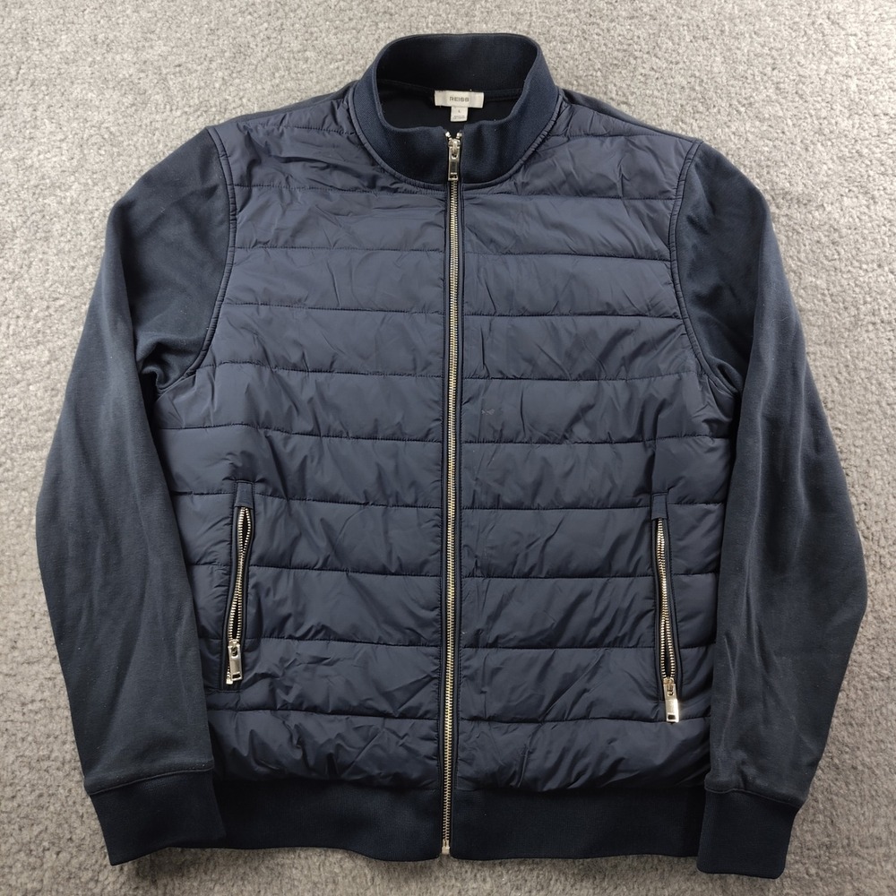 Reiss Jacket Mens Large Finley Hybrid Quilted Puffer Navy Blue Full Zip Bomber